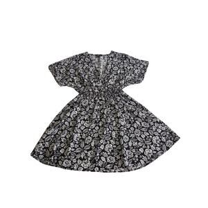 OVS Black & White Floral Boho Dress Flowy Cottagecore V-Neck Mini Dress Large
